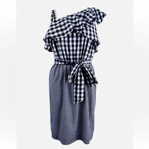 Calvin Klein One Shoulder Ruffle Tie Front Waist Gingham Sheath Dress size 2